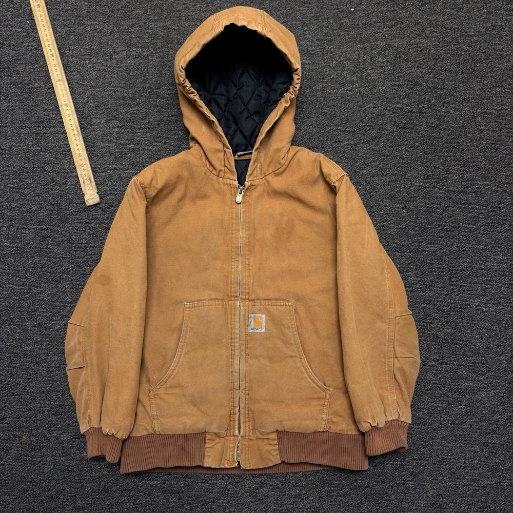 Carhartt Youth Medium 10-12 Brown Heavy Canvas Hooded Quilt Lined Coat Jacket